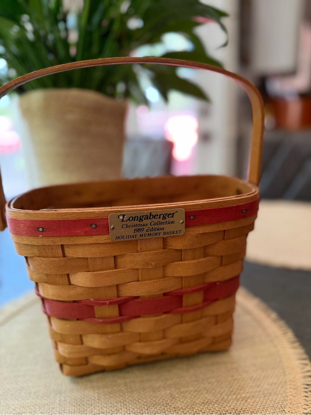 Longaberger Natural and Red Woven Holiday Basket 1989 edition